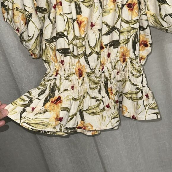 Kensie Jeans L Beige Gold Green Lily Linen On Off Shoulder Square Neck Top - Picture 4 of 10